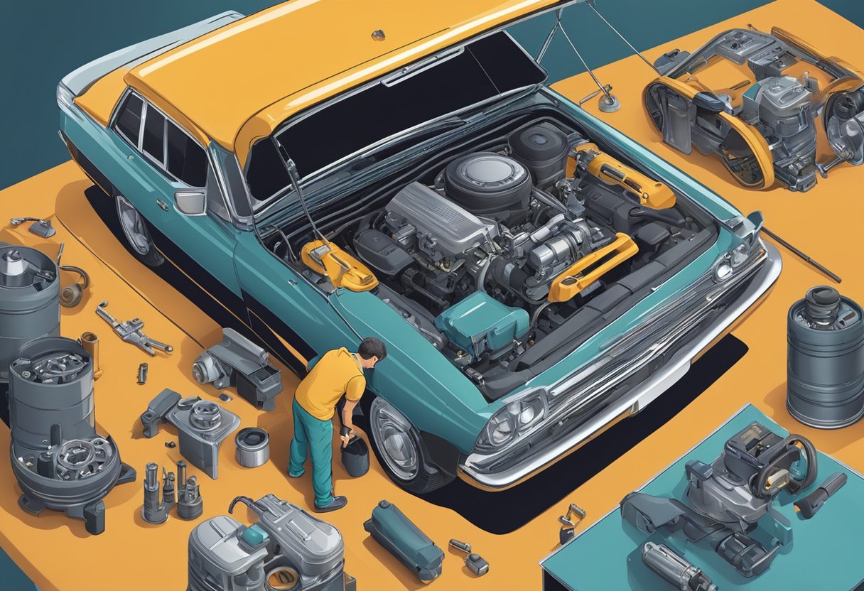 A mechanic examines a car engine with a diagnostic tool, focusing on cylinder 6.

Tools and parts are scattered around the work area
