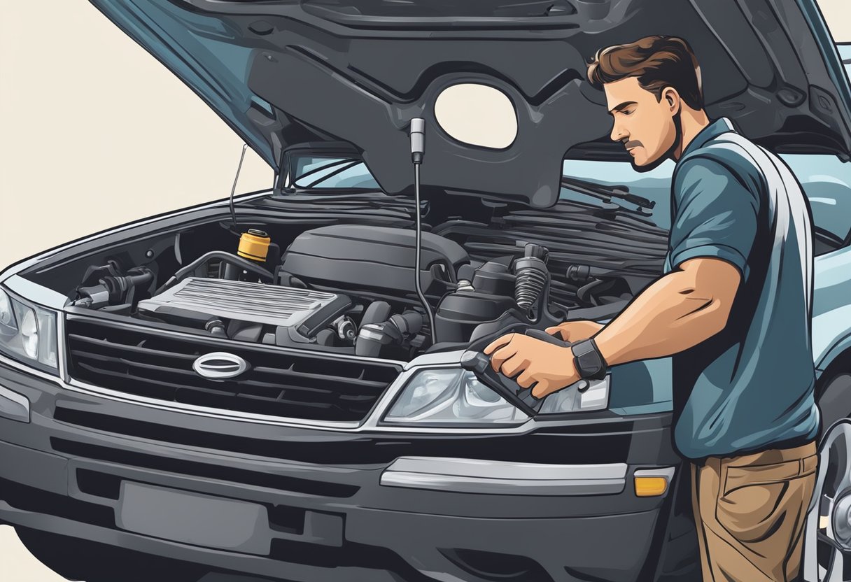 A mechanic examines a car engine with a diagnostic tool, searching for the source of a cylinder 6 misfire