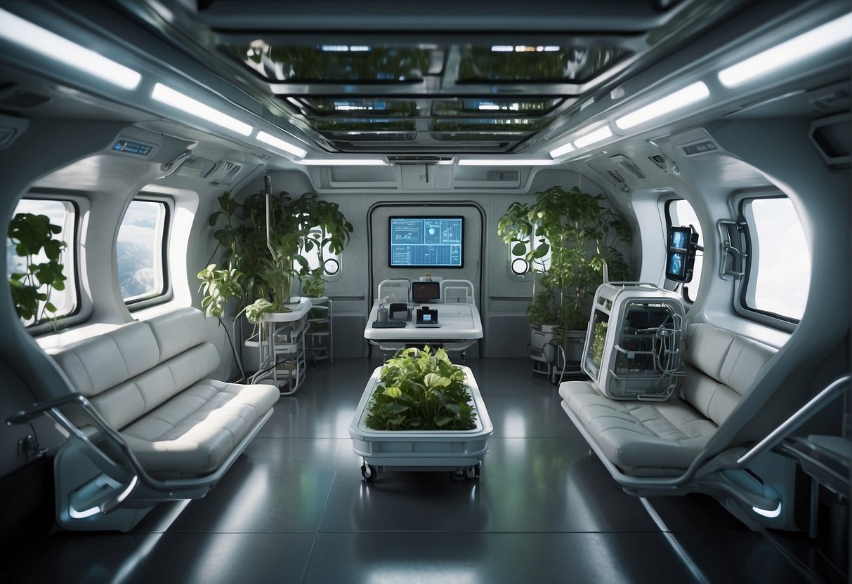 A space station with interconnected bioregenerative life support systems, including hydroponic gardens and waste recycling units, sustaining a long-duration mission