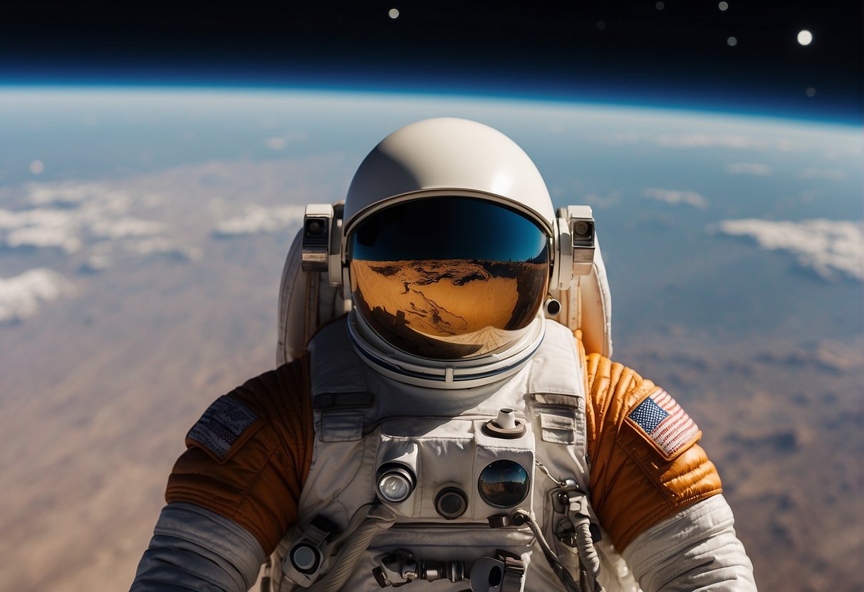 A floating astronaut gazes at a distant planet, with a blurred and distorted view through the visor. Objects around them appear weightless, suspended in mid-air