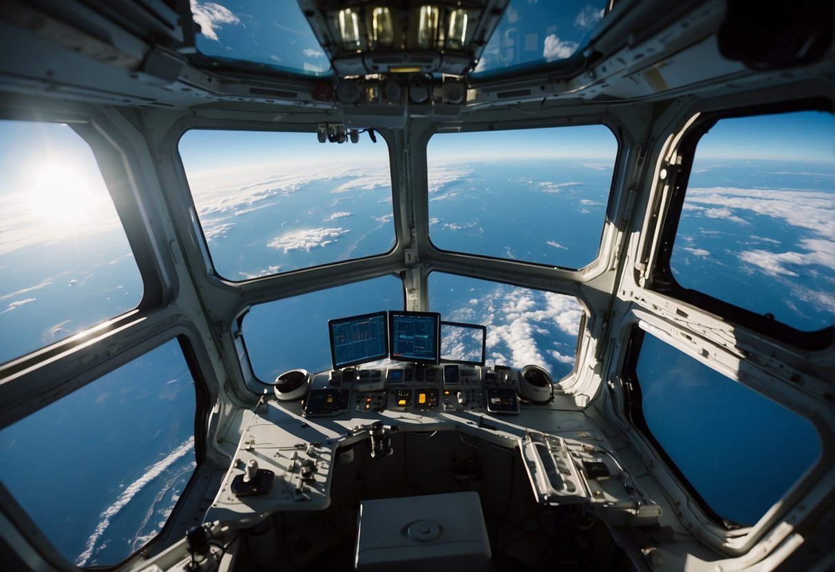 A space station orbiting Earth, with scientific equipment studying the effects of microgravity on vision. Sunlight filters through the windows, illuminating the research equipment and the Earth below
