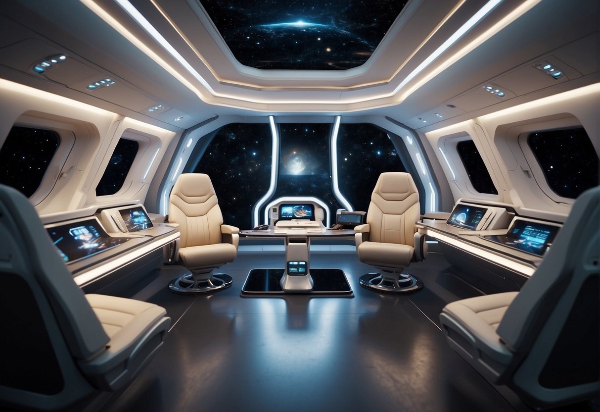 A spacious, well-lit spaceship interior with ergonomic workstations and adjustable seating for comfort and efficiency