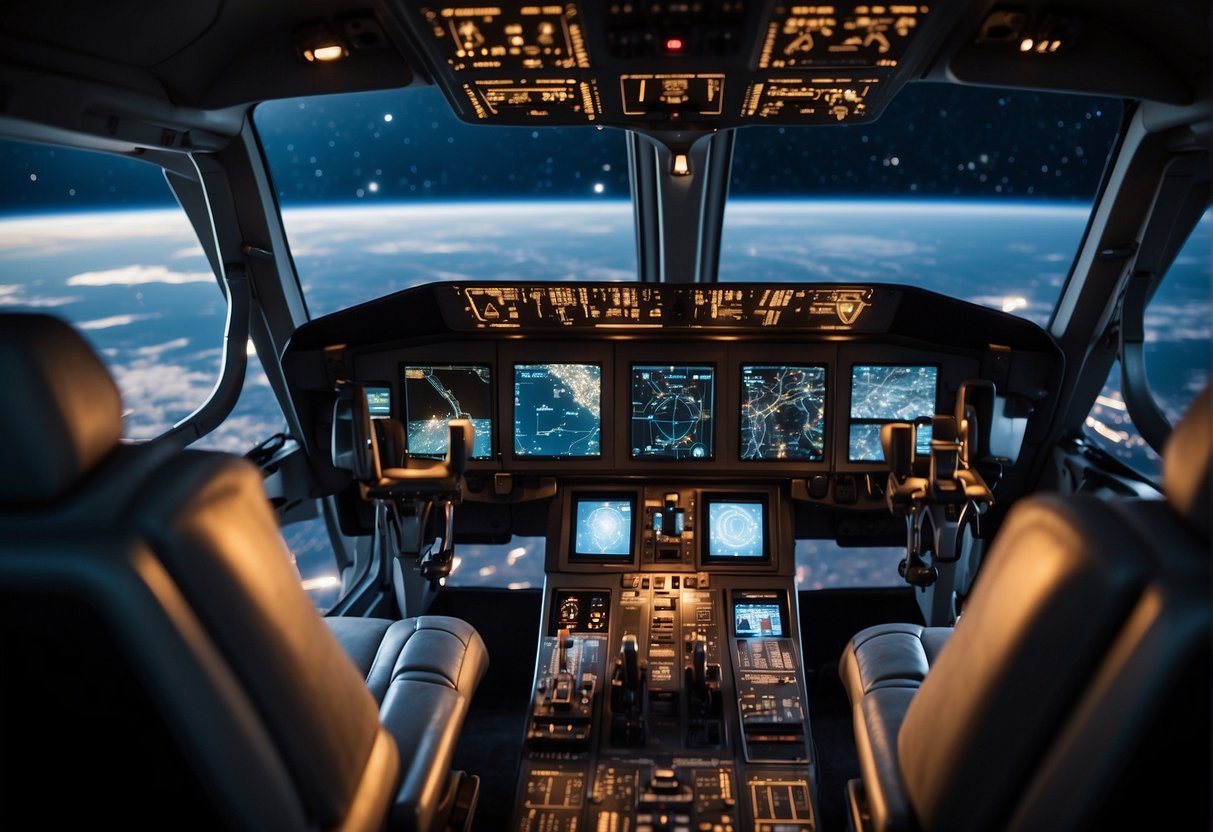 A spacious, well-lit cockpit with intuitive controls and ergonomic seating. Thoughtful placement of screens and instruments for easy access. Comfortable and supportive chairs for long missions