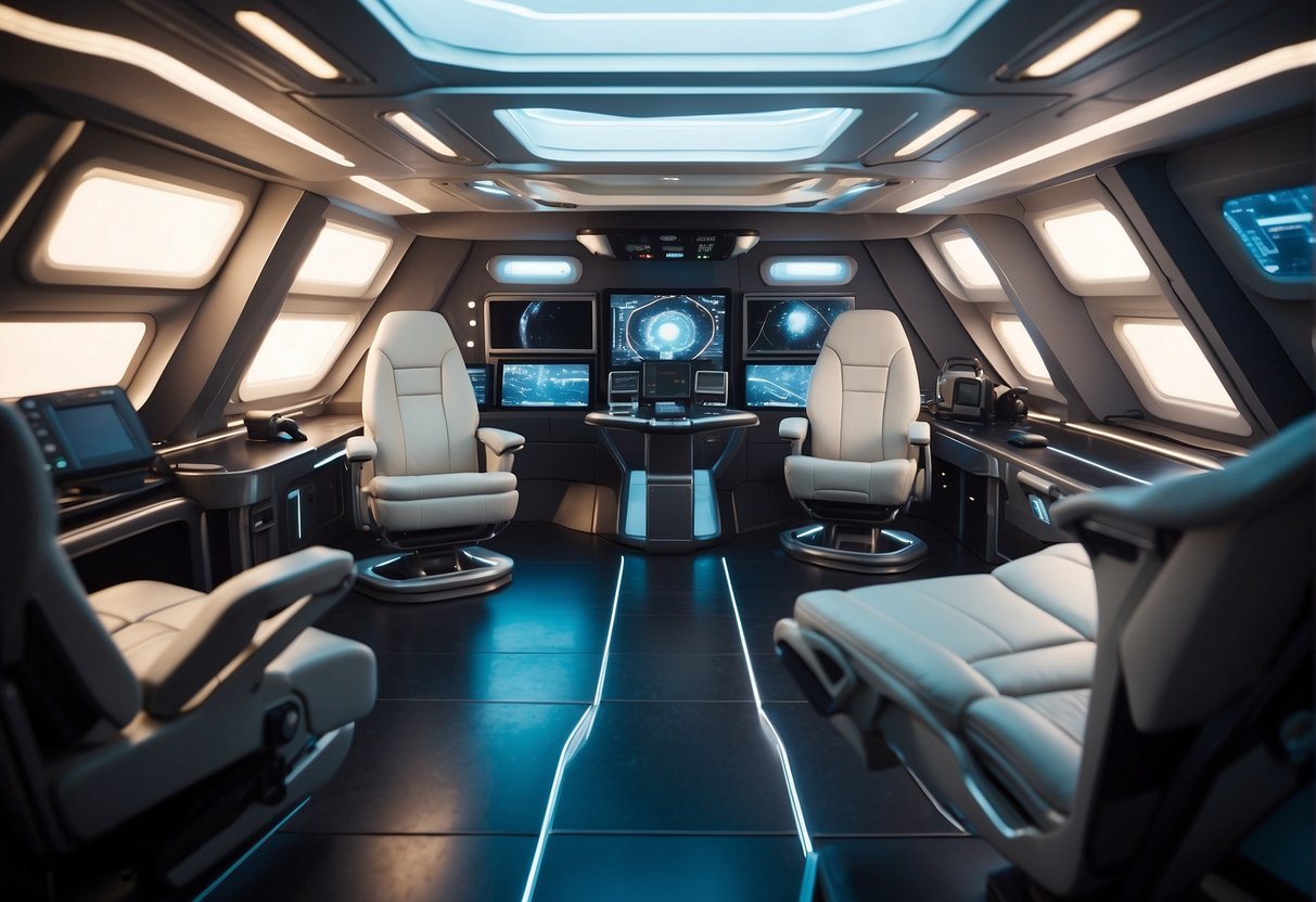 A spacious, well-lit spaceship interior with ergonomic seating, adjustable workstations, and easy access to safety equipment and emergency exits
