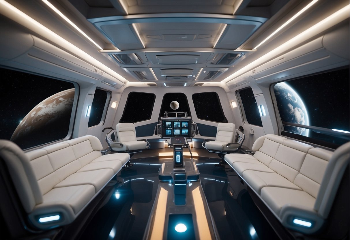 A spaceship interior with adjustable seats, accessible controls, and organized workstations for efficient and comfortable use by crew members