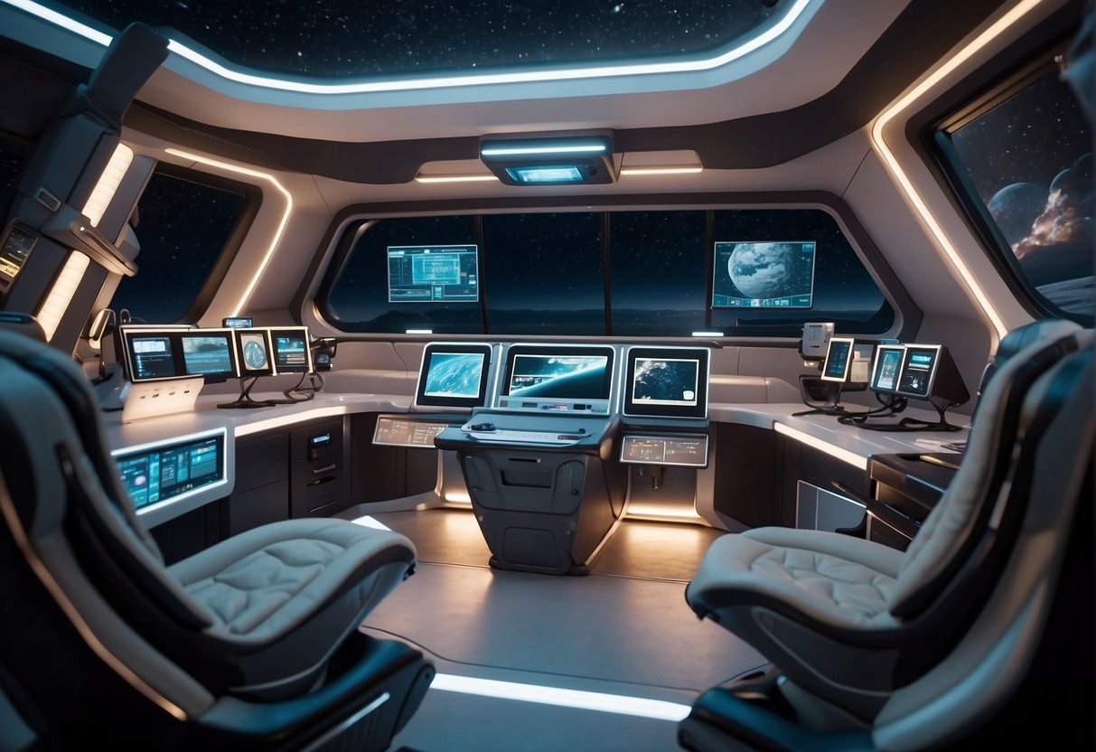 A spaceship interior with adjustable seating, accessible controls, and ample storage for personal items. Ergonomic workstations and clear signage enhance efficiency