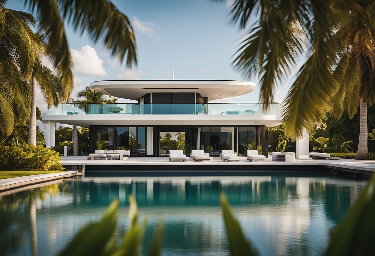 Luxurious mansion on Indian Creek Island, Miami, with palm trees, a private dock, and a sleek yacht in the background