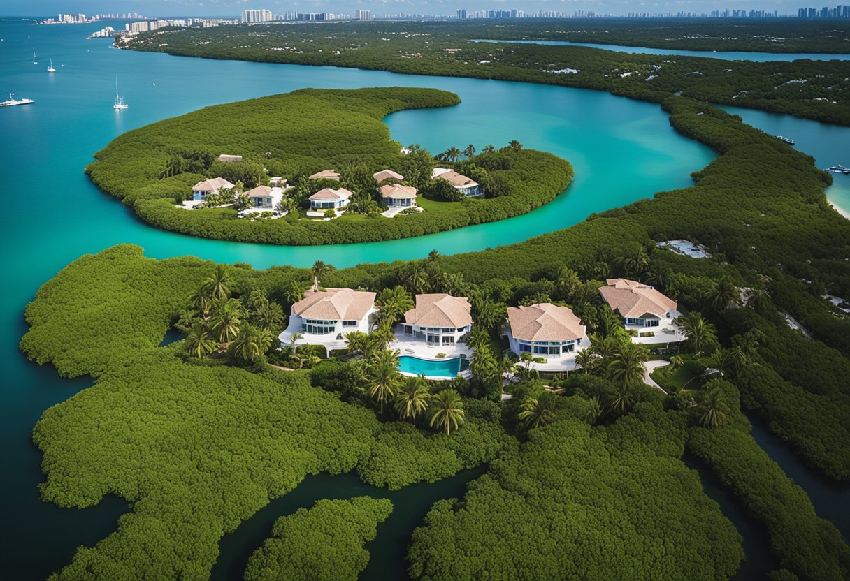 Aerial view of Indian Creek Island, Miami. Luxurious homes owned by famous individuals dot the landscape, surrounded by lush greenery and sparkling blue waters