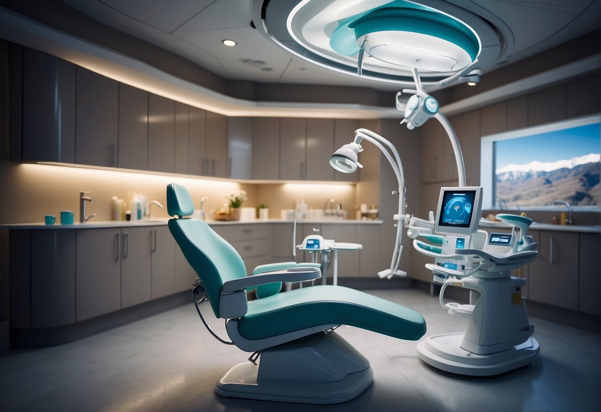 A dental chair and equipment float in a zero-gravity environment. A toothbrush and toothpaste are secured to the wall. An astronaut's helmet and gloves are nearby