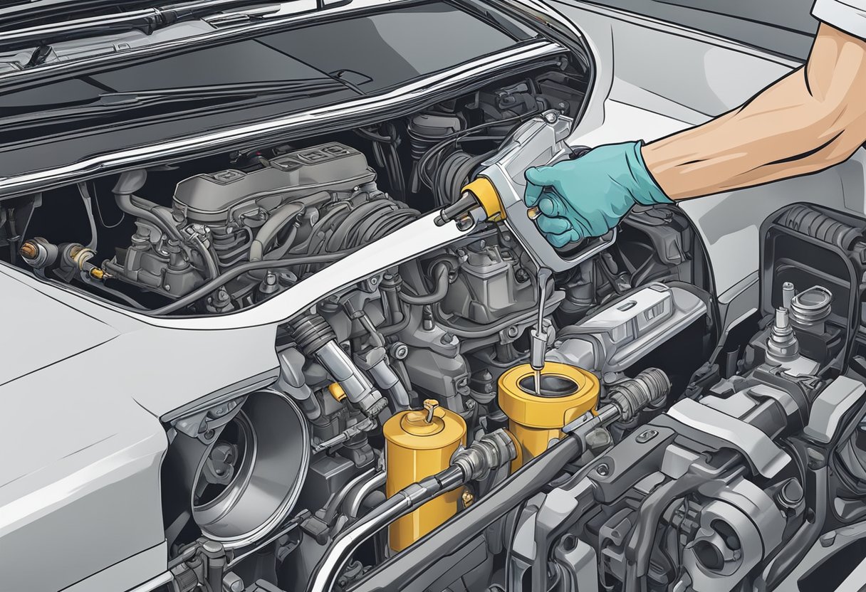 The car sits idle, engine sputtering and struggling to start.

Gasoline drips from the fuel pump, located near the rear axle. A mechanic's hand holds a replacement pump, ready to install