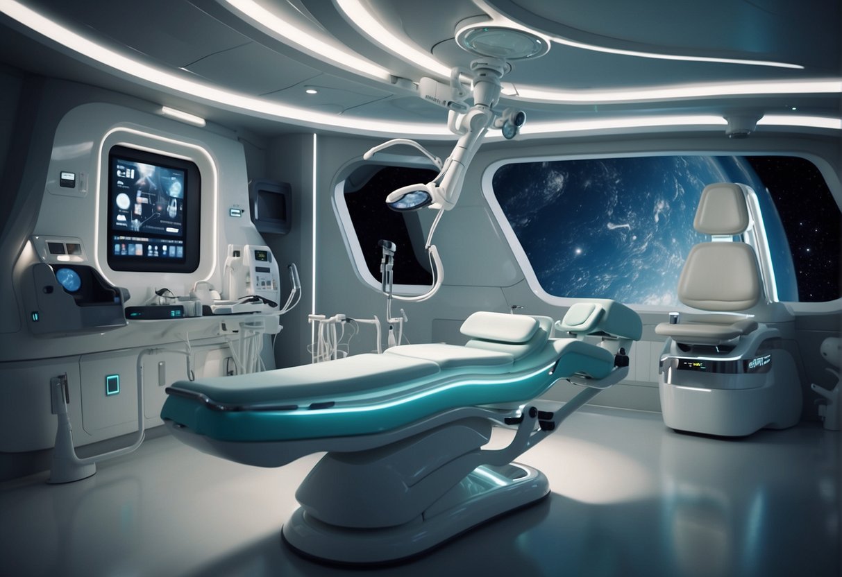 A futuristic dental station in a zero-gravity environment, with advanced tools and technology for oral hygiene and dental care in space