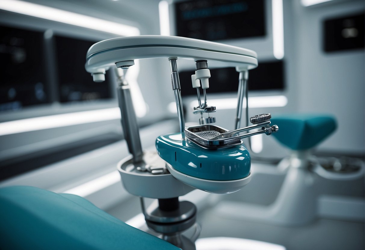 Dental tools floating in zero gravity, with a small dental station nearby, showing the challenges of providing dental care in space