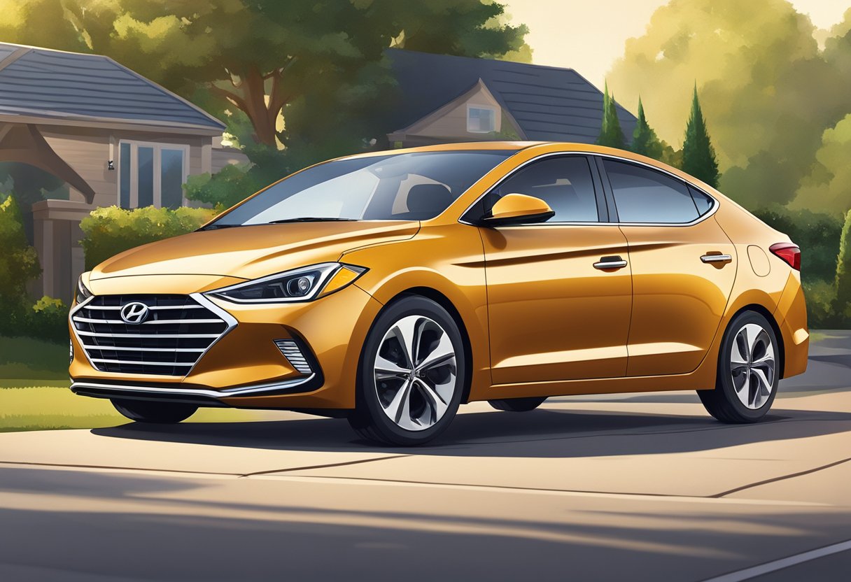 A Hyundai Elantra parked in a suburban driveway, surrounded by greenery and bathed in warm sunlight.

The car is clean and well-maintained, with a sense of reliability and dependability