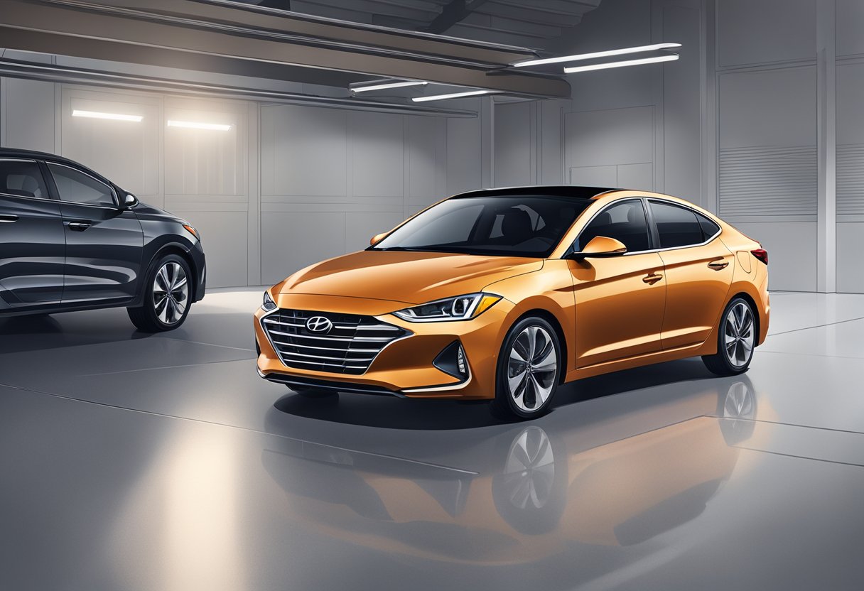 The Hyundai Elantra is parked in a spacious, well-lit garage.

The car is clean and polished, with its sleek design and modern features on display