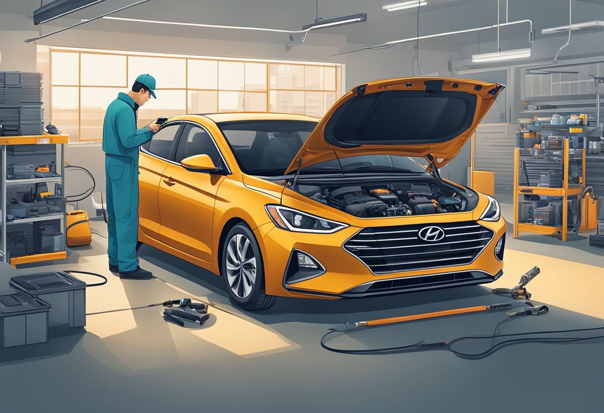 A Hyundai Elantra parked in front of a service center with a technician inspecting the engine bay.

Tools and diagnostic equipment are scattered around the car