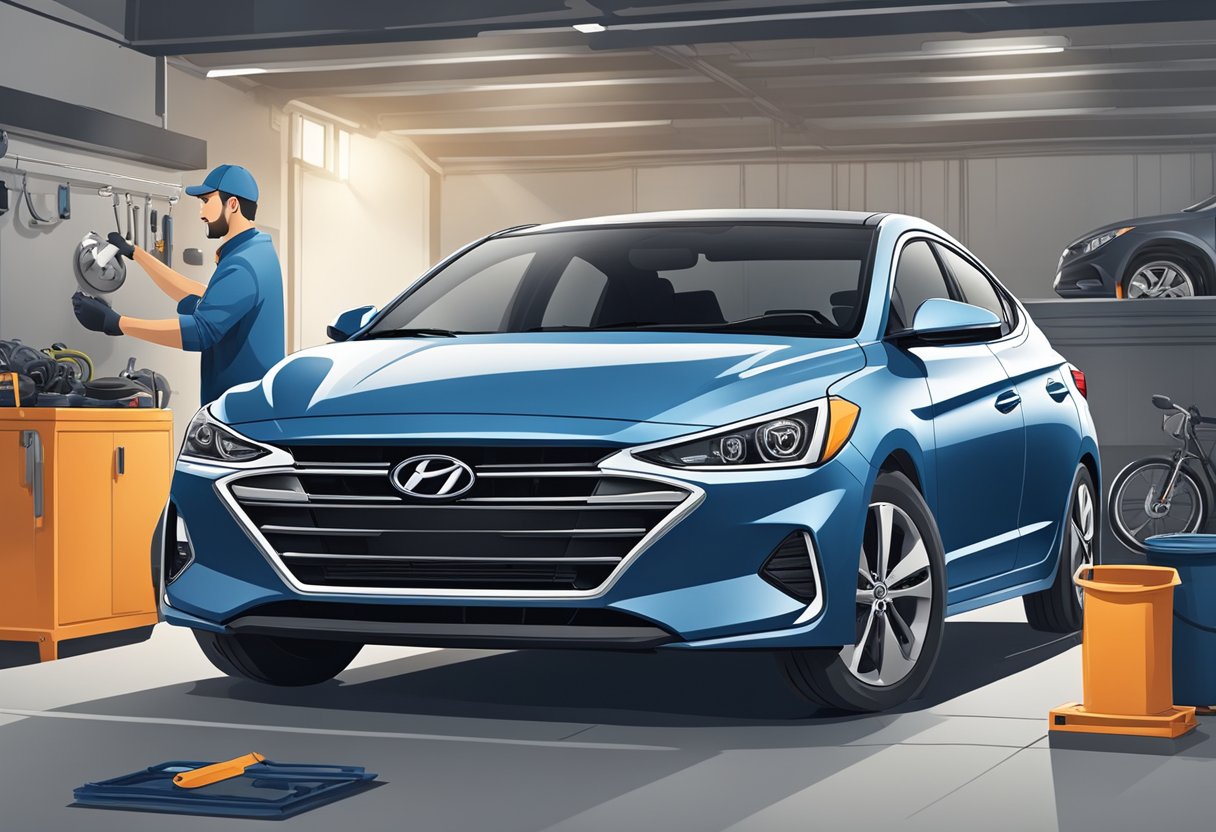 The Hyundai Elantra sits in a garage, with a mechanic inspecting the engine for potential issues.

A list of common problems is displayed nearby