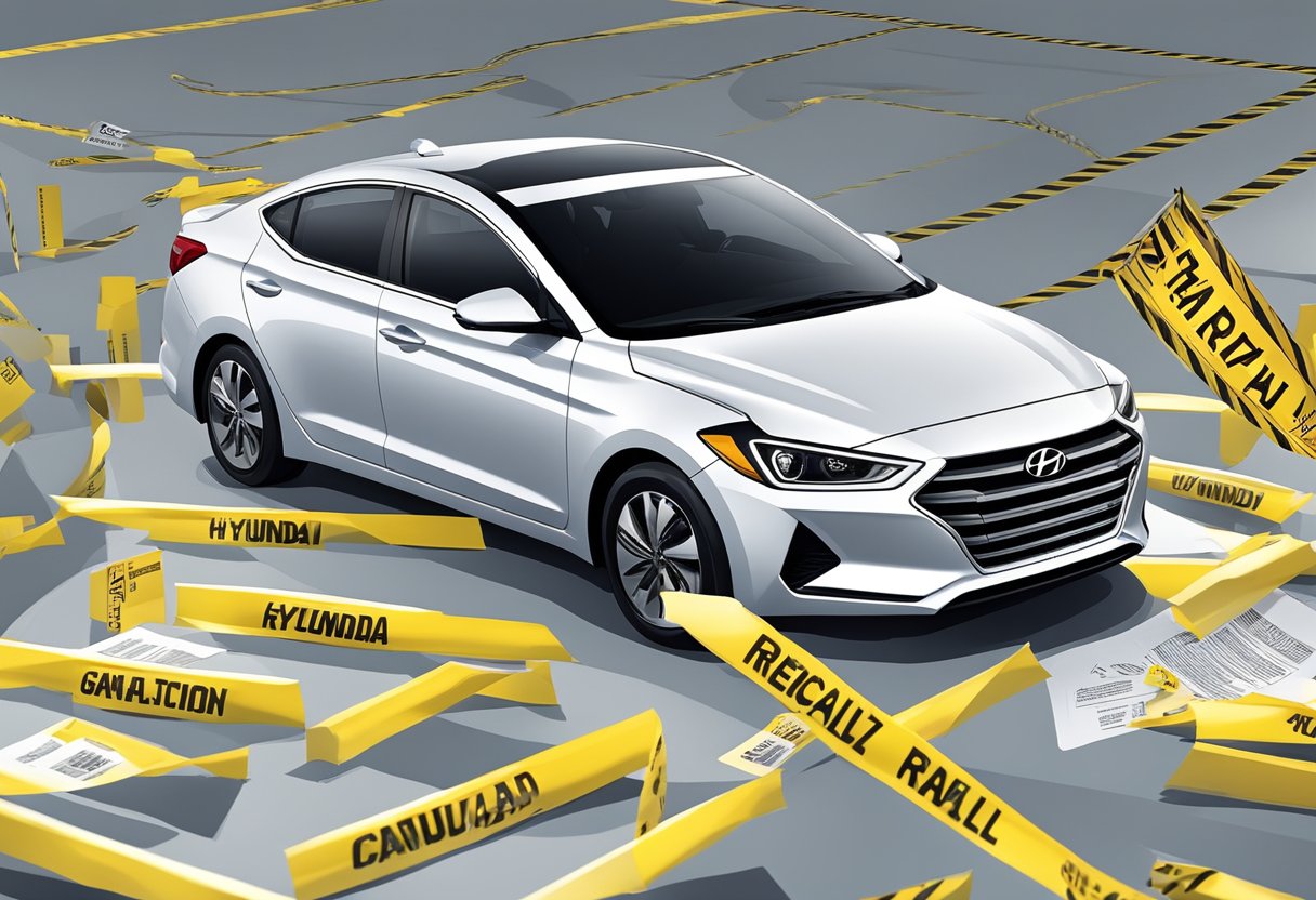 The Hyundai Elantra sits in a spotlight, surrounded by caution tape and a recall notice.

Warranty documents are scattered nearby