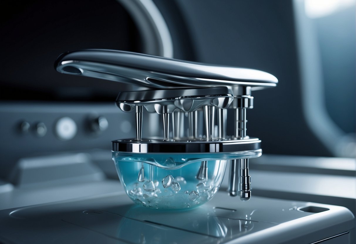 A dental tool floats in zero gravity, surrounded by floating droplets of water. A futuristic dental workstation is anchored to the wall, with advanced equipment and tools for off-earth dentistry