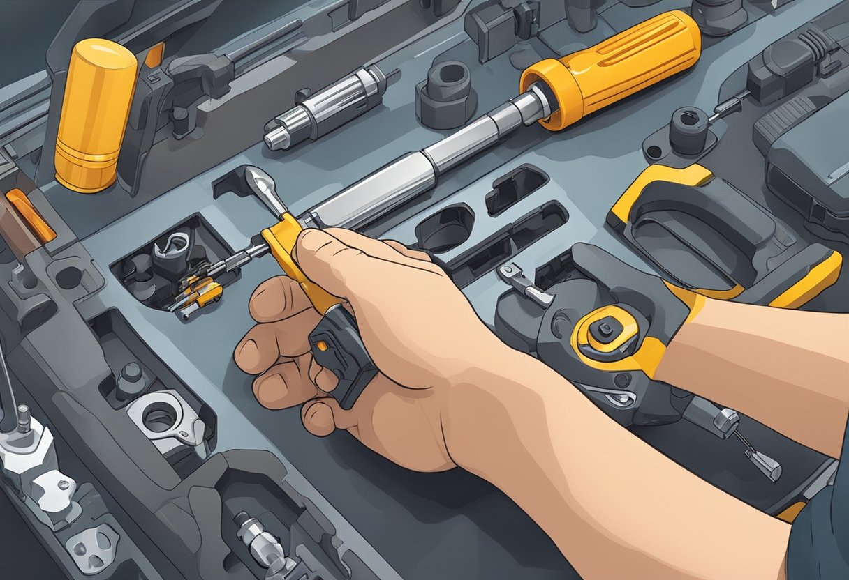 A hand holding a screwdriver, removing the ignition lock cylinder from a car's dashboard.

Tools and parts scattered on a workbench