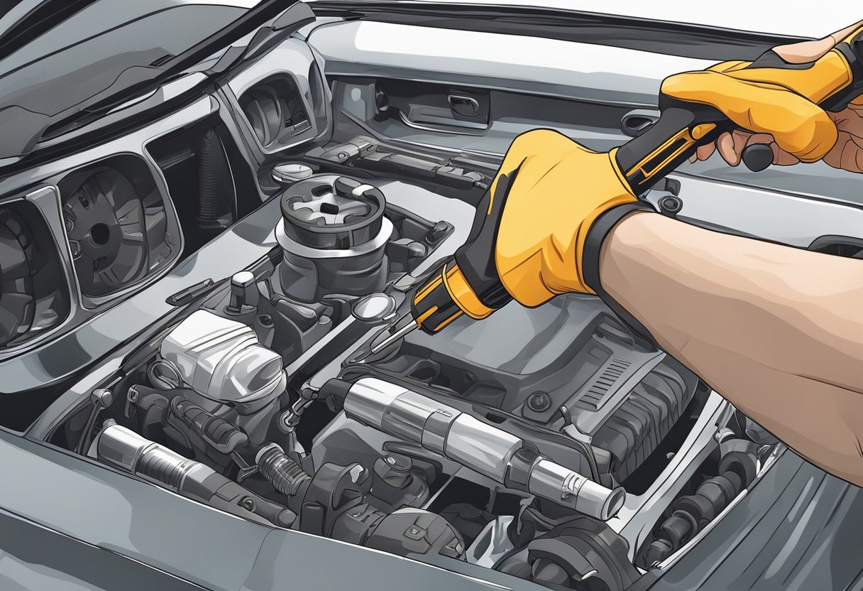 A hand holding a screwdriver, removing screws from a car's dashboard.

A manual and safety goggles nearby