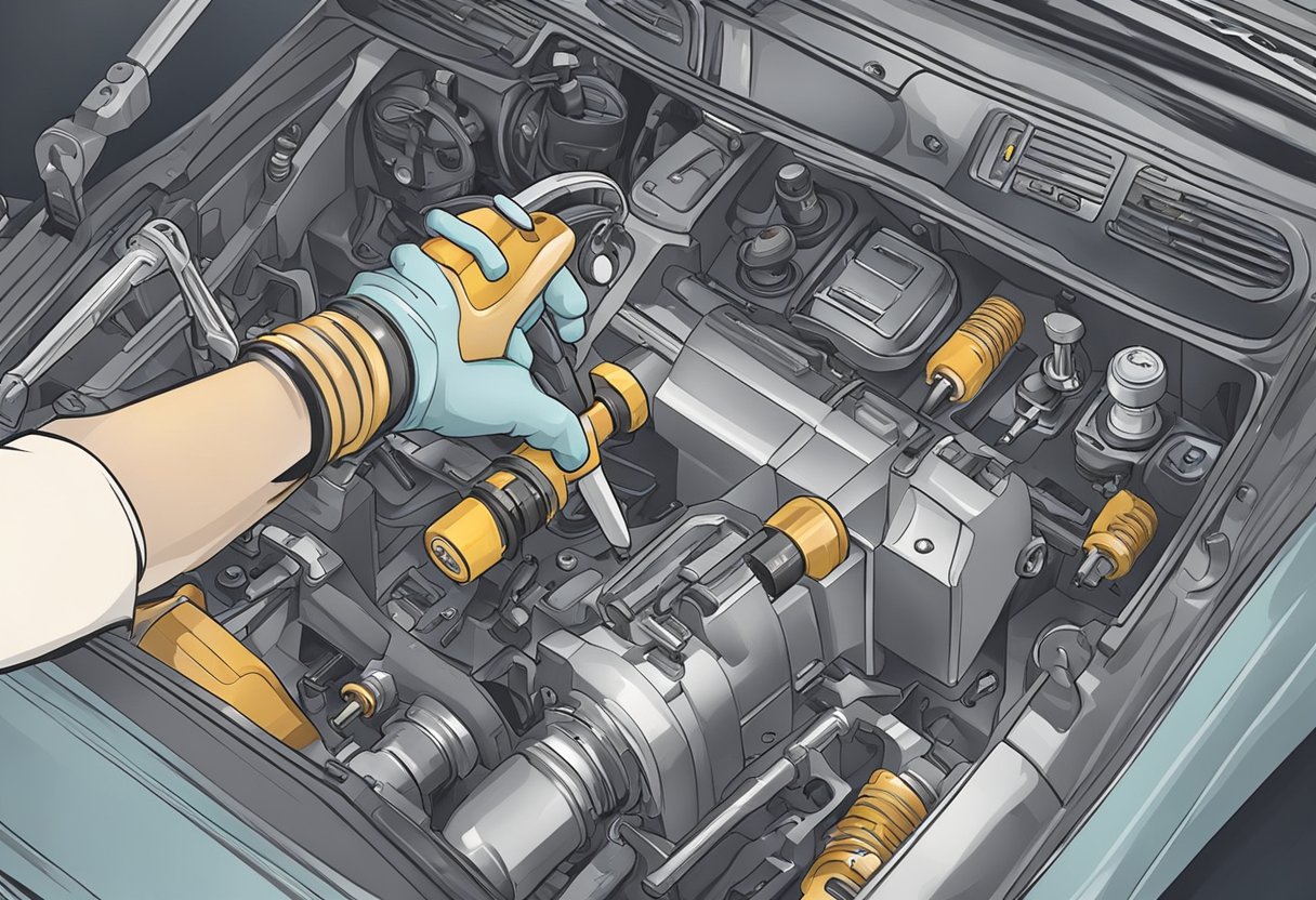 A hand holds a screwdriver, removing an old ignition lock cylinder from a car's steering column.

Tools and parts are scattered on a workbench