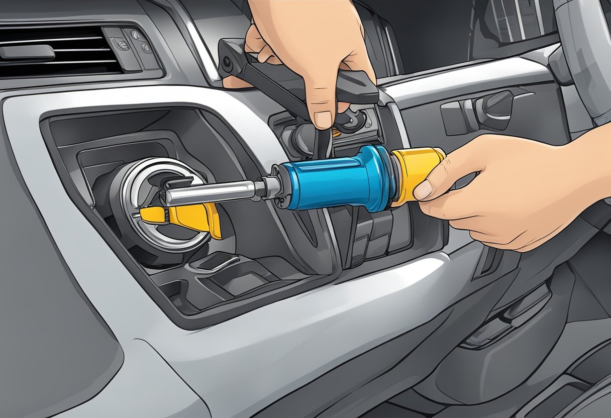 A hand holding a screwdriver removes the old ignition lock cylinder from the steering column.

The new cylinder is then inserted and secured in place with a click