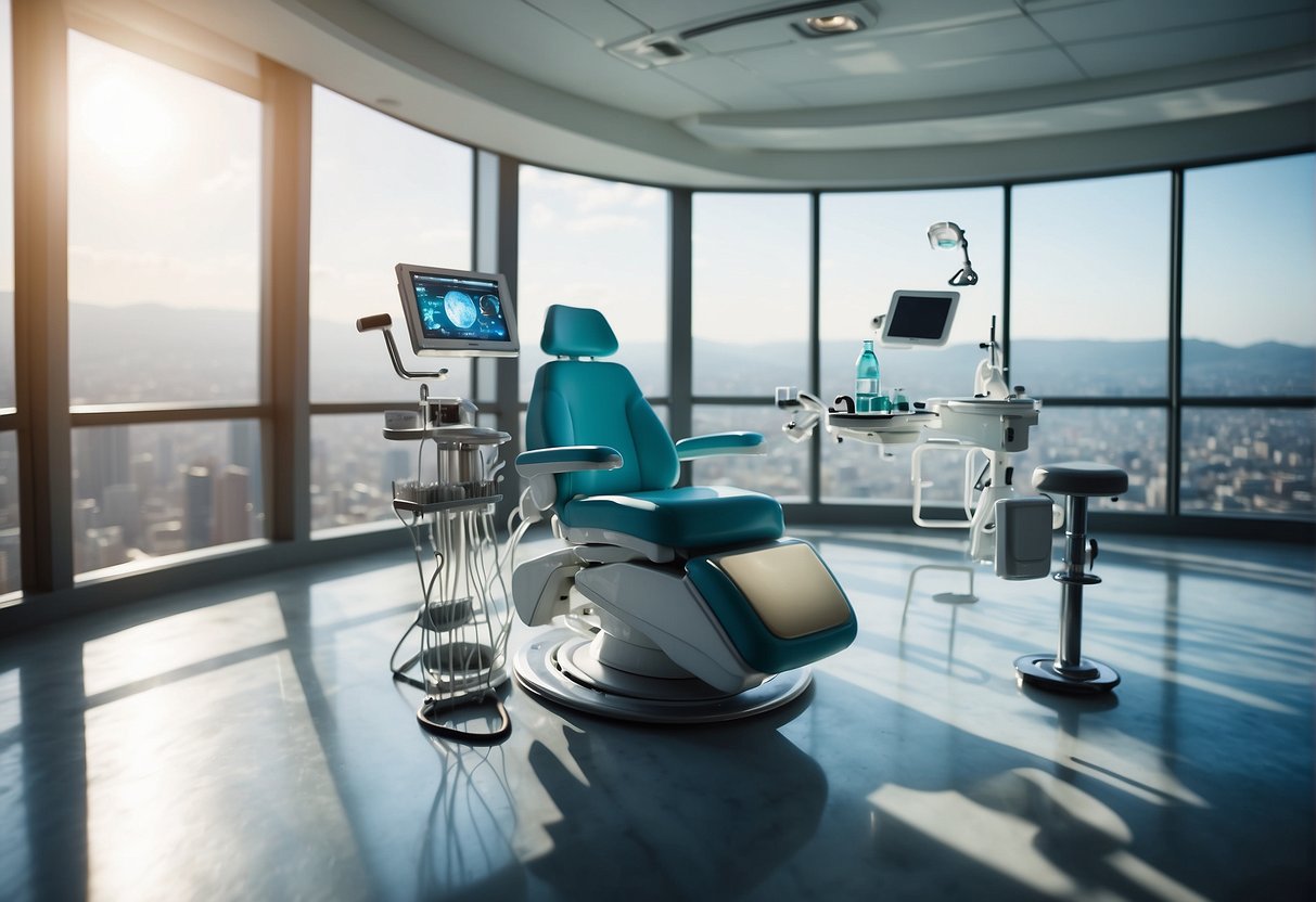 A dental chair floating in a zero-gravity environment, surrounded by floating dental tools and equipment, with a large window showing the Earth in the background