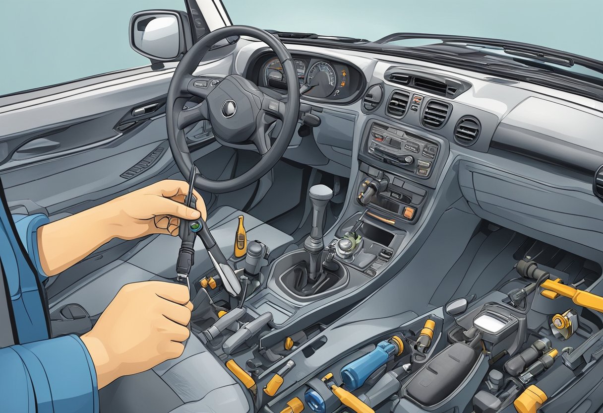A hand holding a screwdriver removes the ignition lock cylinder from a car's steering column.

The dashboard is partially disassembled, with tools and parts scattered on a workbench