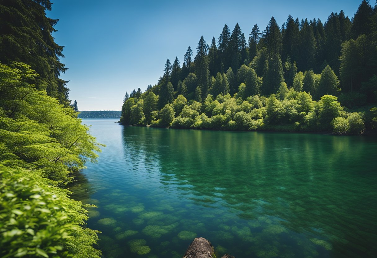Lush green forests and sparkling blue waters surround Mercer Island, Washington, known for its natural beauty and serene atmosphere