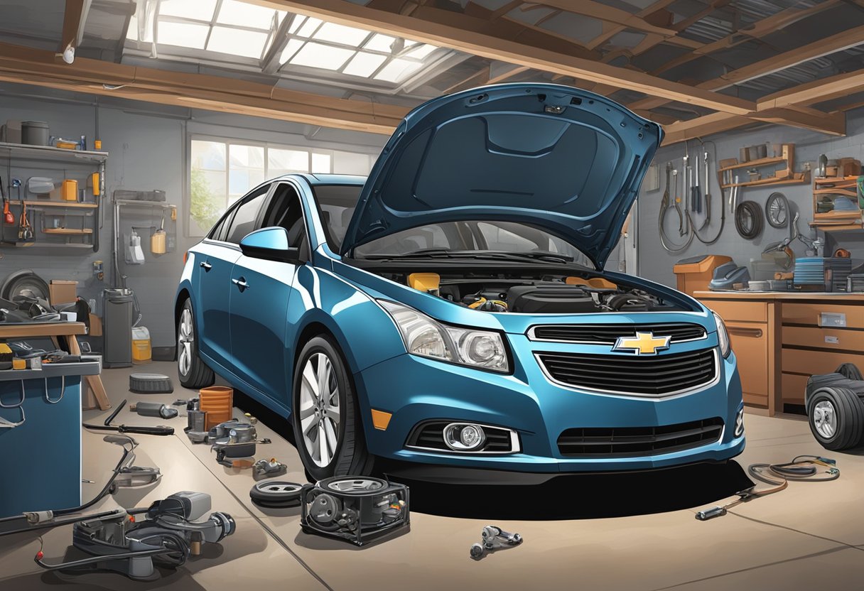 The Chevrolet Cruze sits in a mechanic's garage, with its hood open and various engine parts scattered around.

A mechanic is inspecting the car's components for common mechanical issues