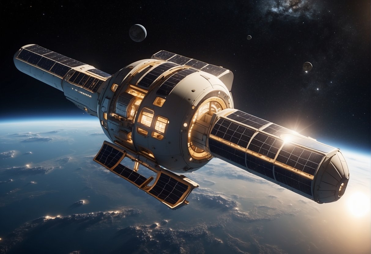 A sleek, cylindrical space station with solar panels, docking ports, and large observation windows, floating gracefully in the vastness of space