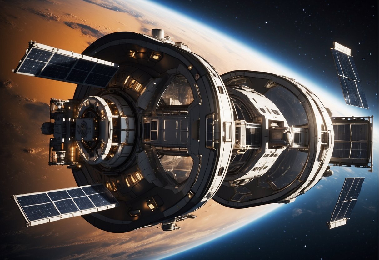 The space station's modular design features interconnected pods and solar panels, with a central hub for research and living quarters