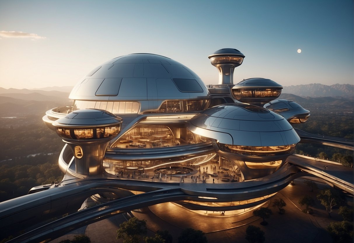 A futuristic space station with sleek, metallic architecture and advanced robotics integrated into the design, creating a harmonious balance between science and livability