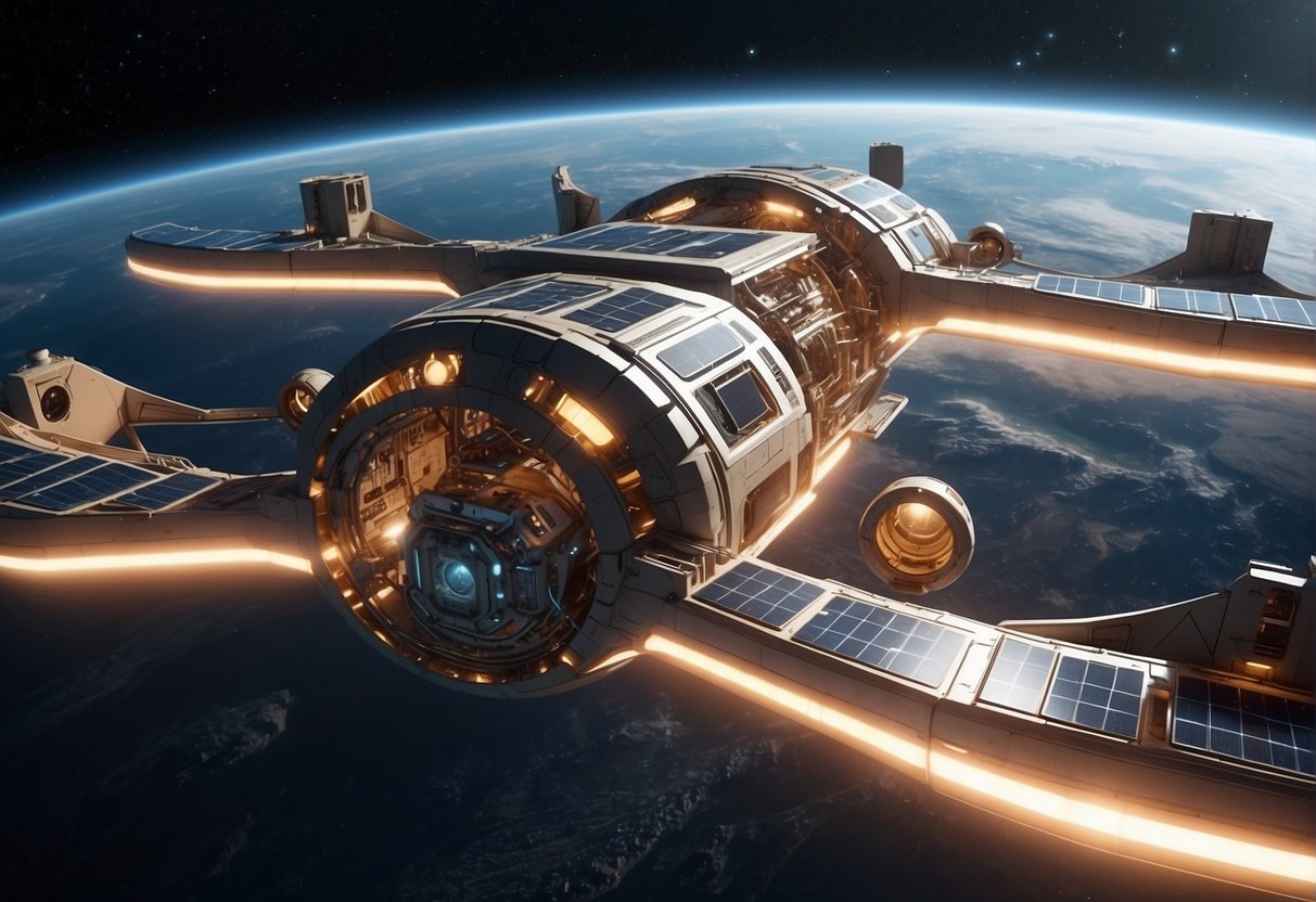 A sleek, modern space station with interconnected modules, solar panels, and large observation windows, floating gracefully against the backdrop of the cosmos