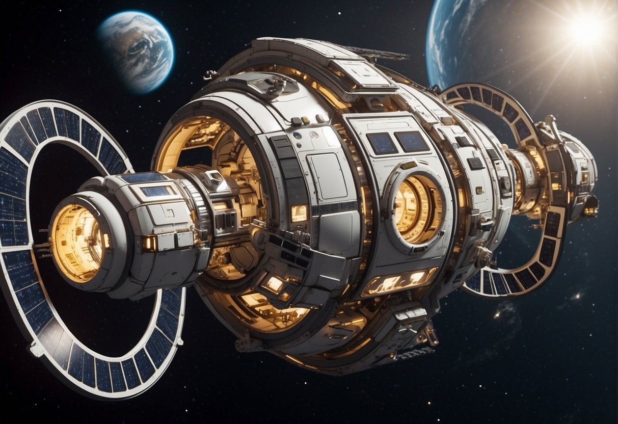 A space station with modular, interconnected habitats and advanced life support systems, surrounded by solar panels and docking ports