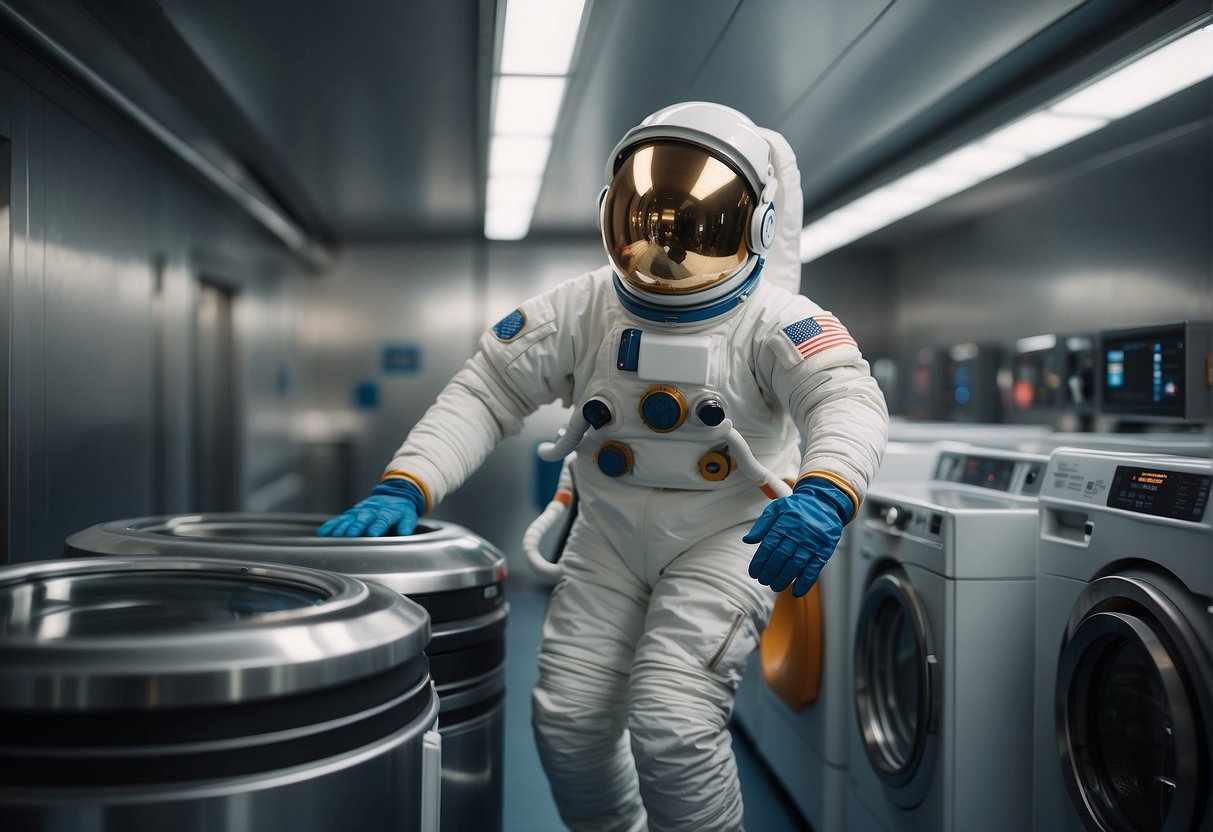 In a zero-gravity environment, a space suit and dirty clothes float next to a specialized washing machine, illustrating the evolution of space laundry technology