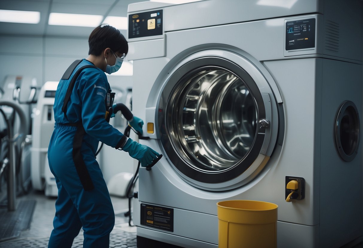 A space suit is being cleaned in a futuristic washing machine, surrounded by high-tech cleaning equipment and tools