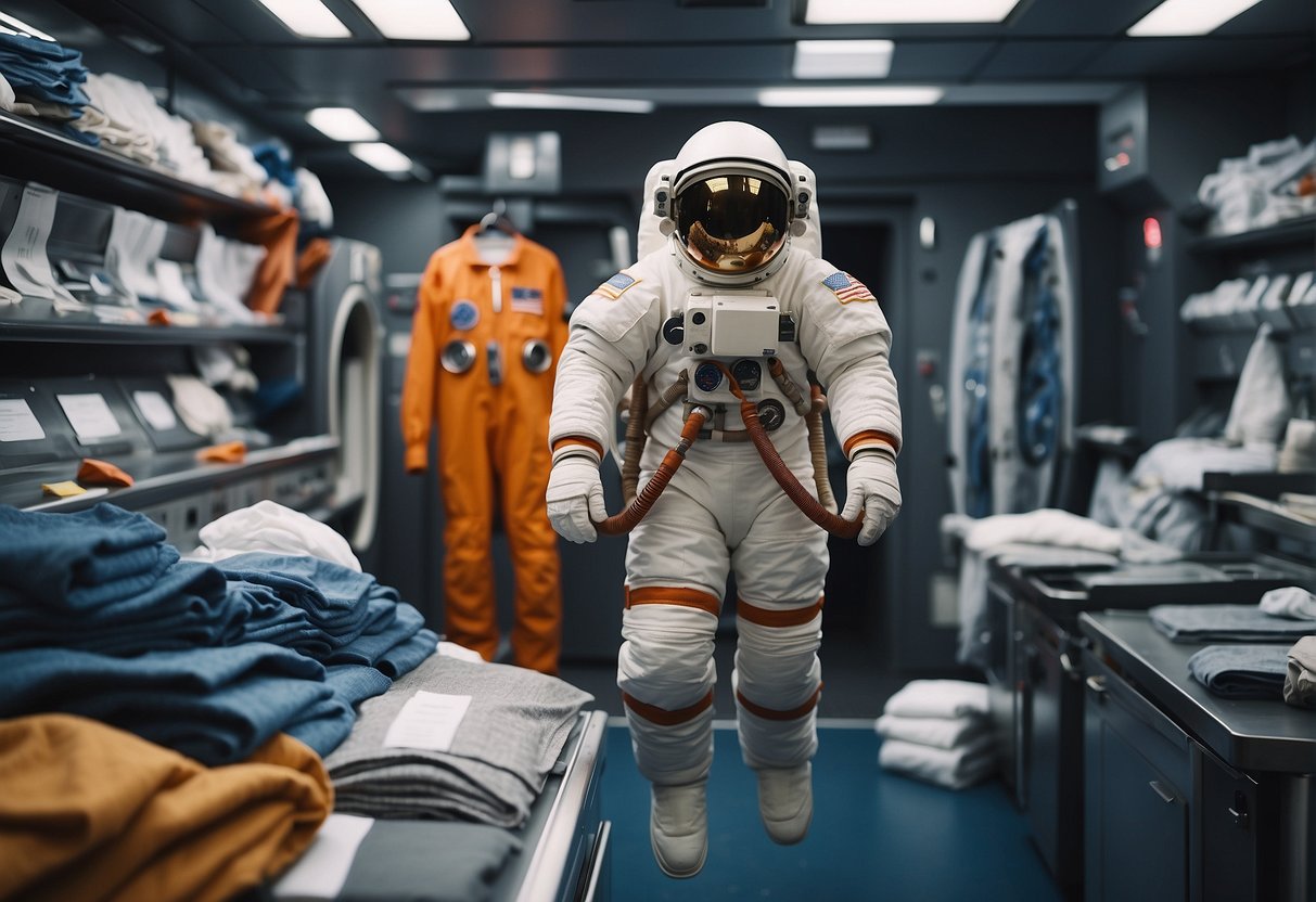 Astronaut clothing laid out with various fabric swatches and laundry equipment in a zero-gravity environment