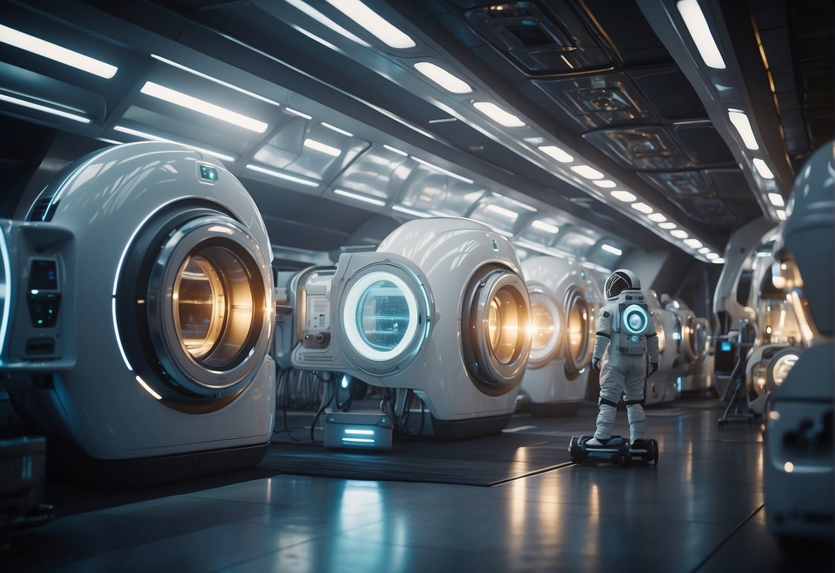 A futuristic space station with advanced laundry machines and robotic arms cleaning and folding astronaut uniforms. Bright lights and sleek design convey a sense of technological advancement