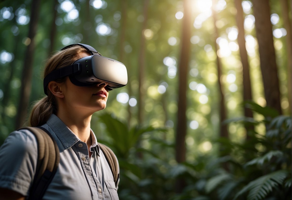 Virtual Reality for Space Stress Relief - A person wearing a VR headset is surrounded by a virtual simulation of a lush forest with sunlight streaming through the trees and birds chirping in the background