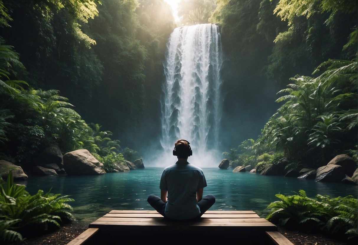 A person enters a virtual reality space, surrounded by lush greenery and a serene waterfall. The sound of birds chirping and the gentle flow of water create a calming atmosphere