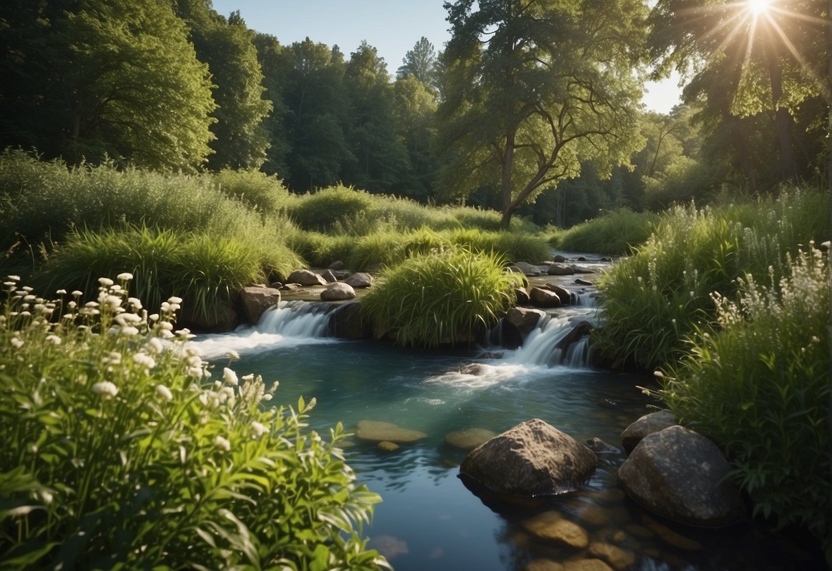 A serene virtual landscape with lush greenery, flowing water, and a clear blue sky, creating a peaceful and calming atmosphere