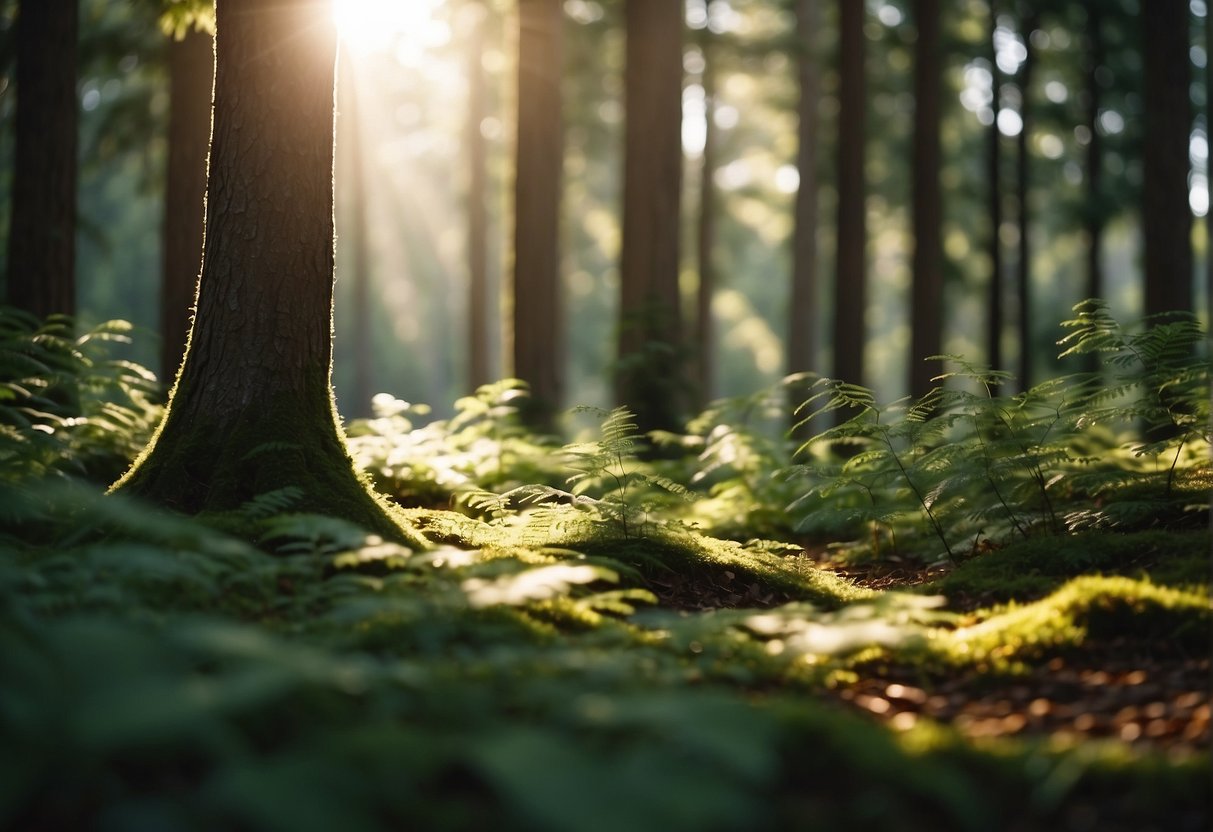 A serene virtual forest, with sunlight filtering through the leaves, birds chirping, and a gentle breeze rustling the trees