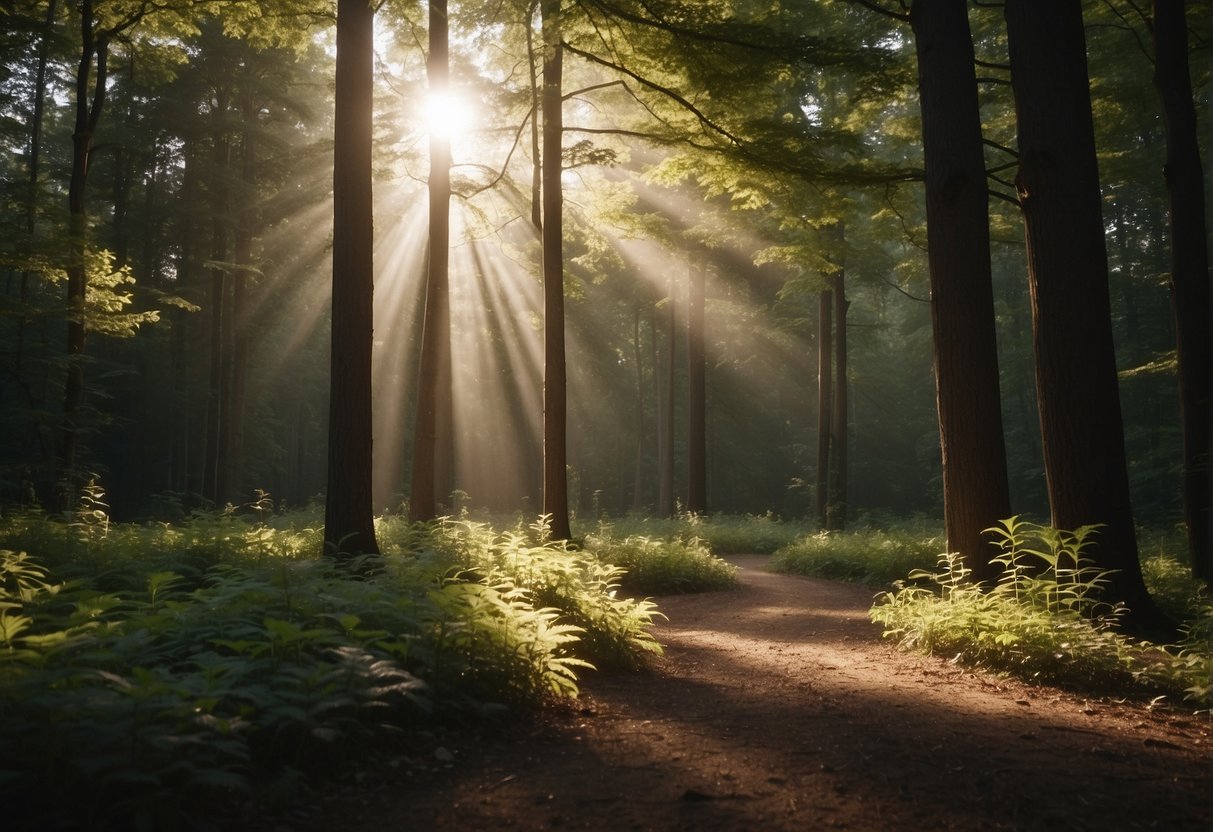 A serene forest clearing with sunlight filtering through the trees, birds chirping, and a gentle breeze rustling the leaves