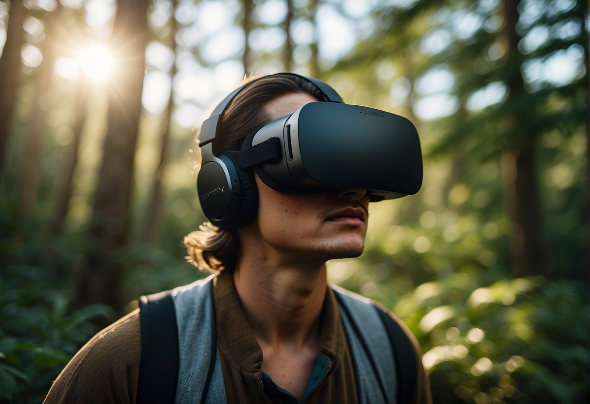 A person wearing a VR headset in a peaceful, natural environment, such as a forest or beach, surrounded by calming sounds and visuals to reduce stress and anxiety