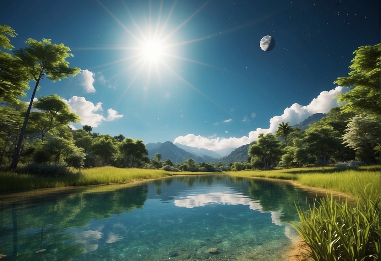 A serene virtual environment with lush green landscapes, peaceful water bodies, and clear blue skies, all set against a backdrop of outer space