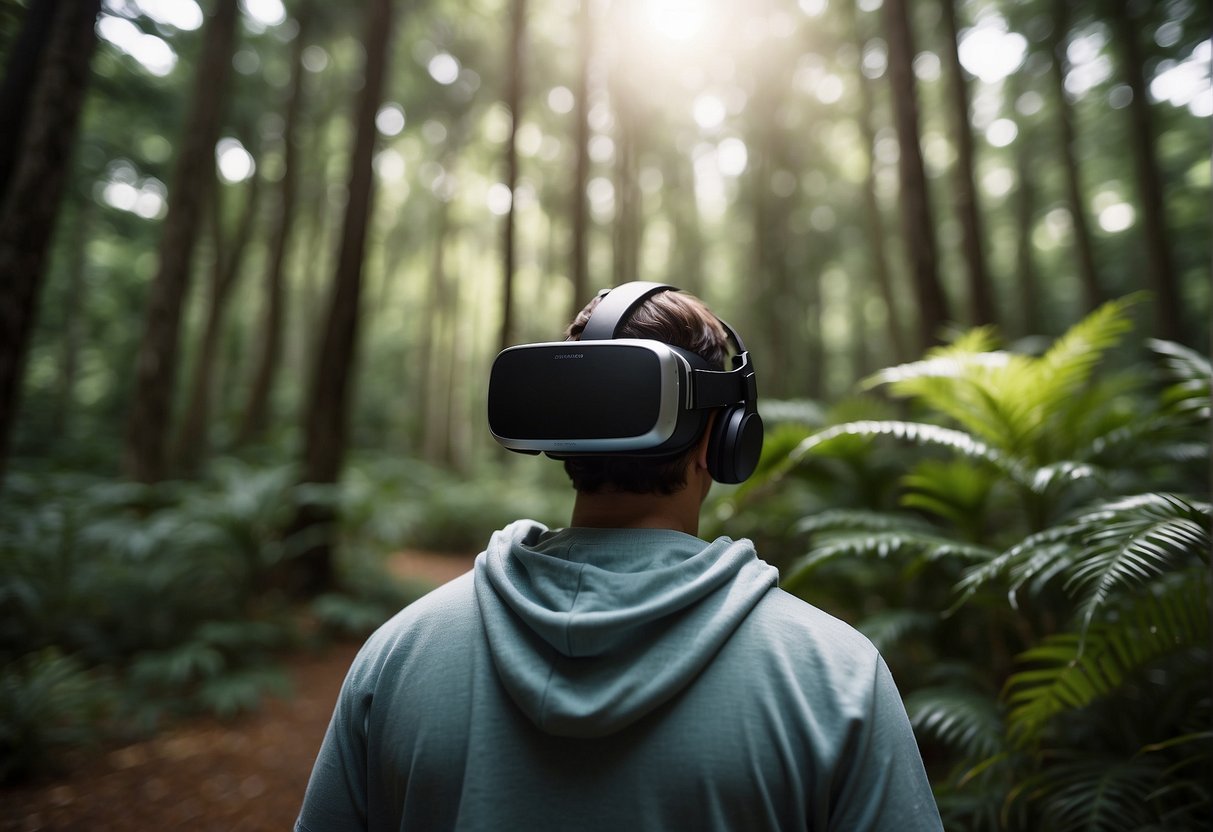 A person wearing a virtual reality headset, surrounded by a serene and familiar earthly environment, such as a lush forest or tranquil beach