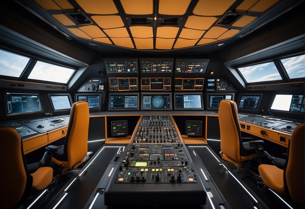 Noise Levels On Spacecraft - A spacecraft interior with soundproofing panels and equipment to manage noise levels, including sound meters and control panels