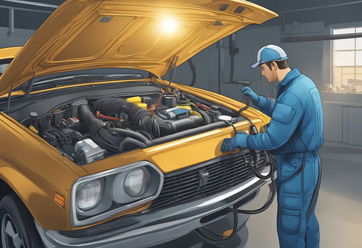A mechanic inspects hoses and connections, using a smoke machine to detect vacuum leaks in a car engine