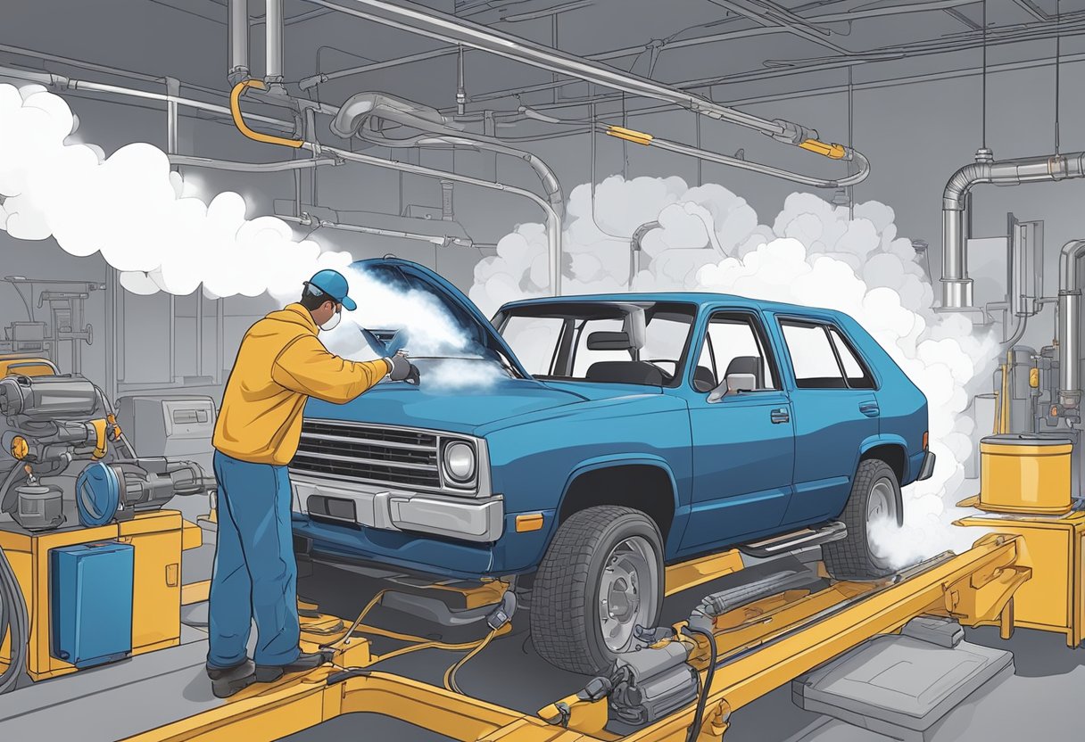 A vacuum leak detection tool is connected to a vehicle's engine.

Smoke billows out from a leak, revealing its location. A mechanic examines the area for repair
